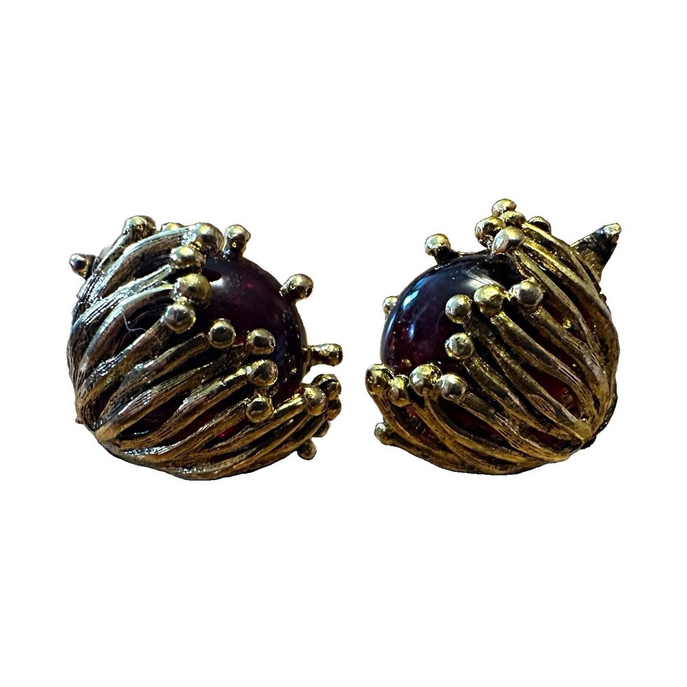 Vintage Brutalist Red Cabochon Cage Clip-On Earrings